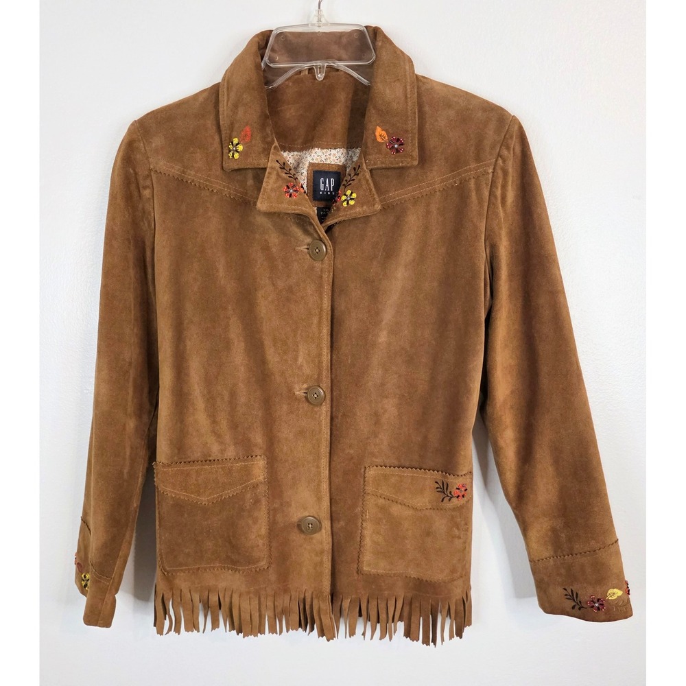 Gap Brown Suede Fringe Western Jacket Floral Beaded Embroidery Vintage Style